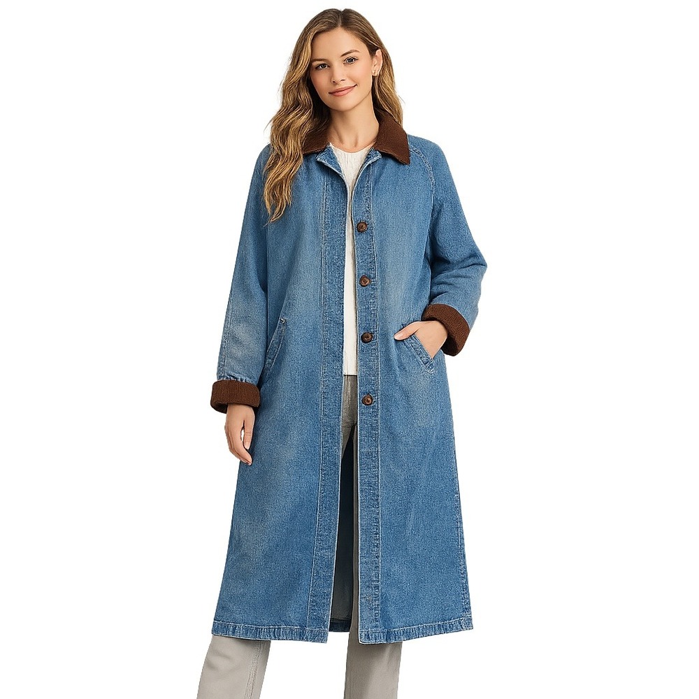 VTG Barn Coat Womens Fits XL Blue Denim Corduroy Chore Jacket Longline Farmhouse